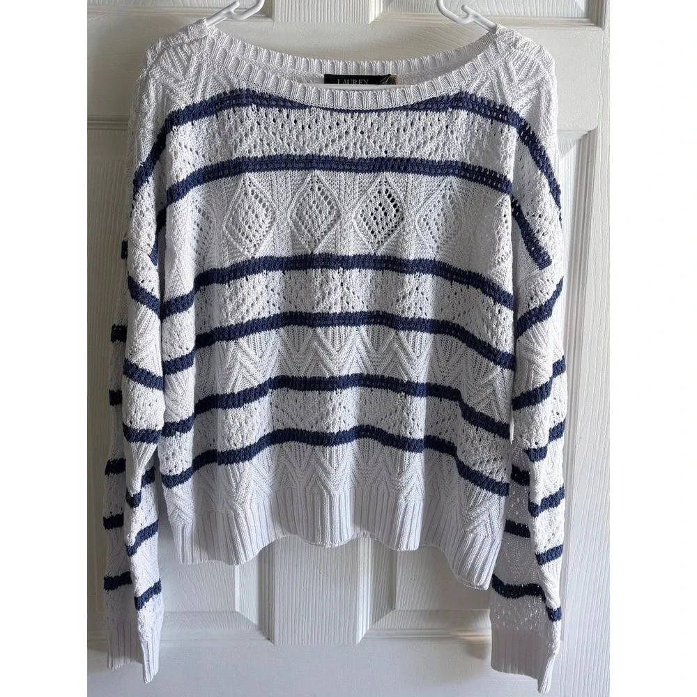 Lauren Ralph Lauren Striped Pointelle Sweater Large Blue White Cotton Blend